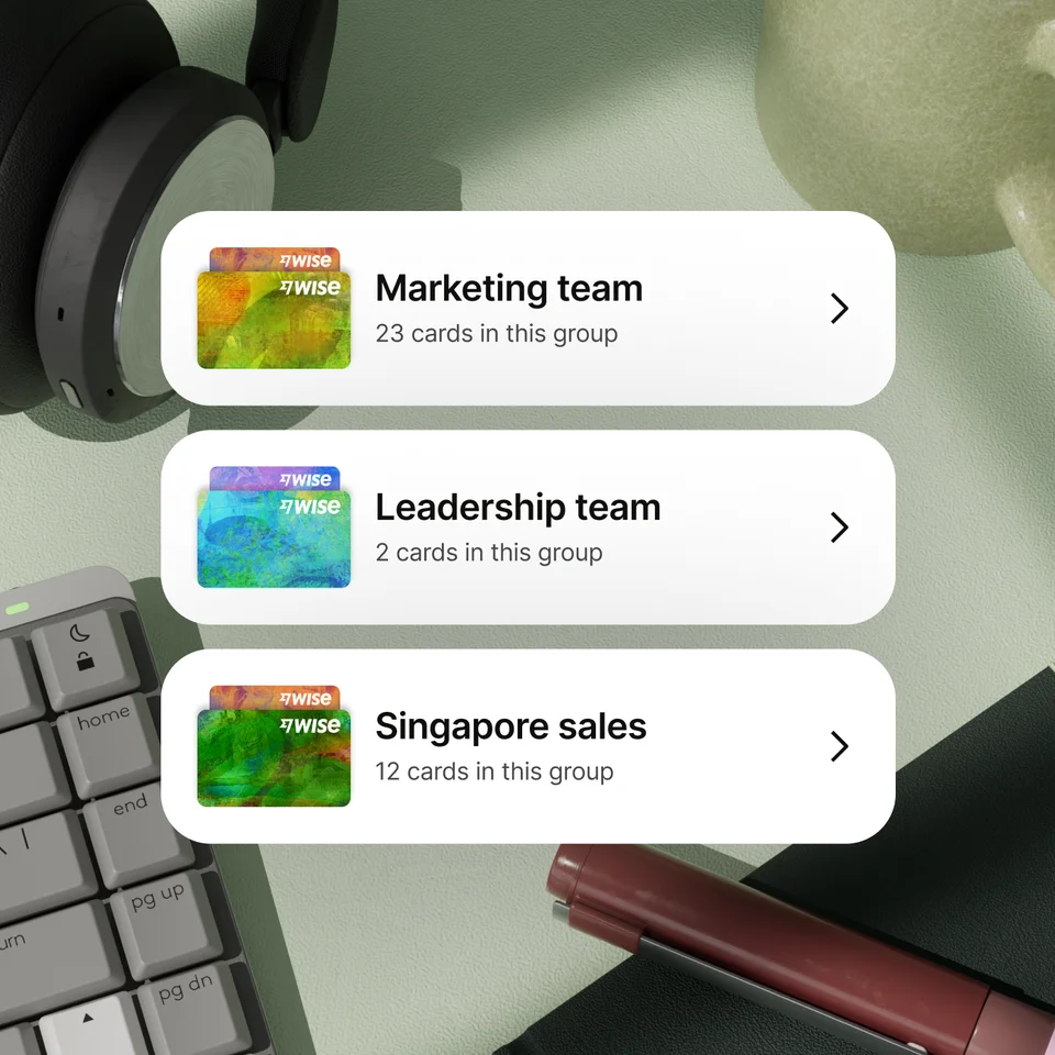 Wise team card management menu with sections for Marketing team, Leadership team, and Sales group.