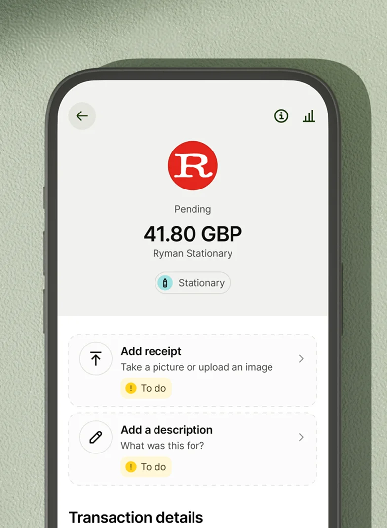 App screen showing a pending 41.80 GBP Ryman Stationary expense with a "To do" prompt to add a receipt.