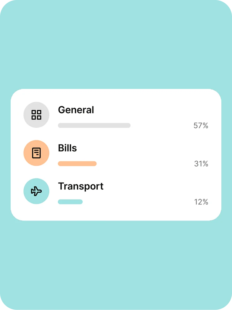 A breakdown of expenditures showing General at 57%, Bills at 31%, and Transport at 12% with corresponding progress bars and icons.