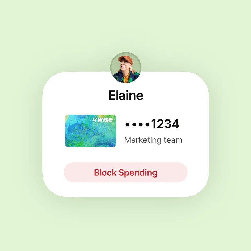 Card controls interface for Elaine's marketing team card, featuring a clear "Block Spending" action button.