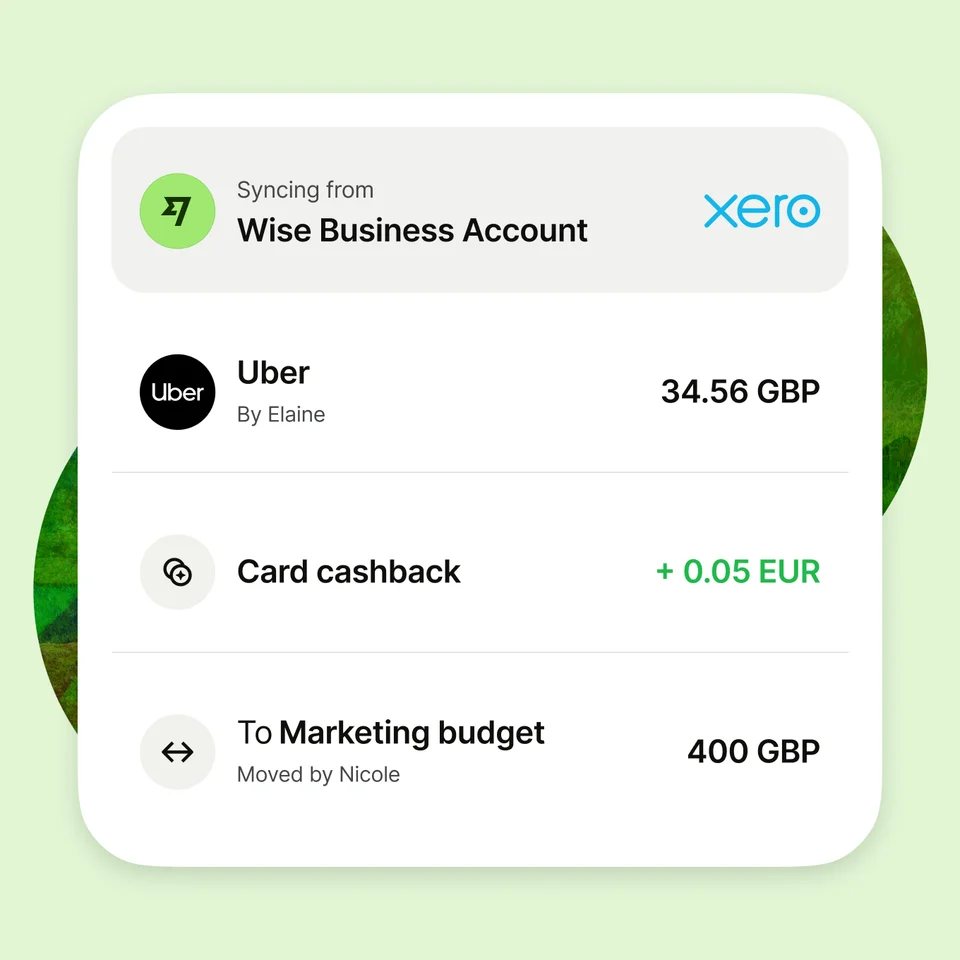 Benutzeroberfläche eines Xero-Kontos in Wise mit dem Bank-Feed-Status, dem Button "Jetzt synchronisieren" und einem Schalter zur Aktivierung der Dokumentensynchronisierung.