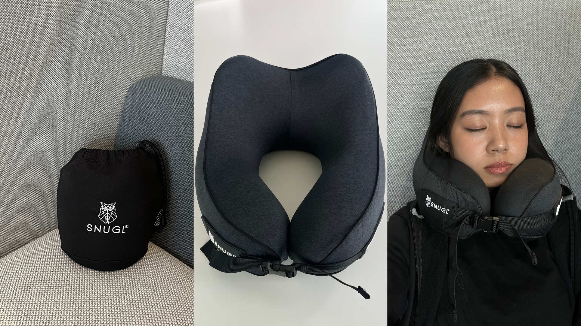 Collage: SNUGL memory foam pillow in pouch; SNUGL pillow; User demonstrating SNUGL support