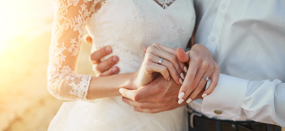 close up of bride and groom hands