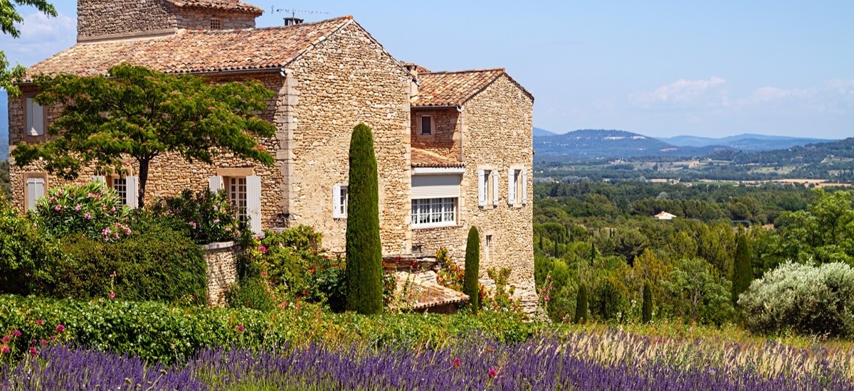 French stone house in a field of lavender in Provence