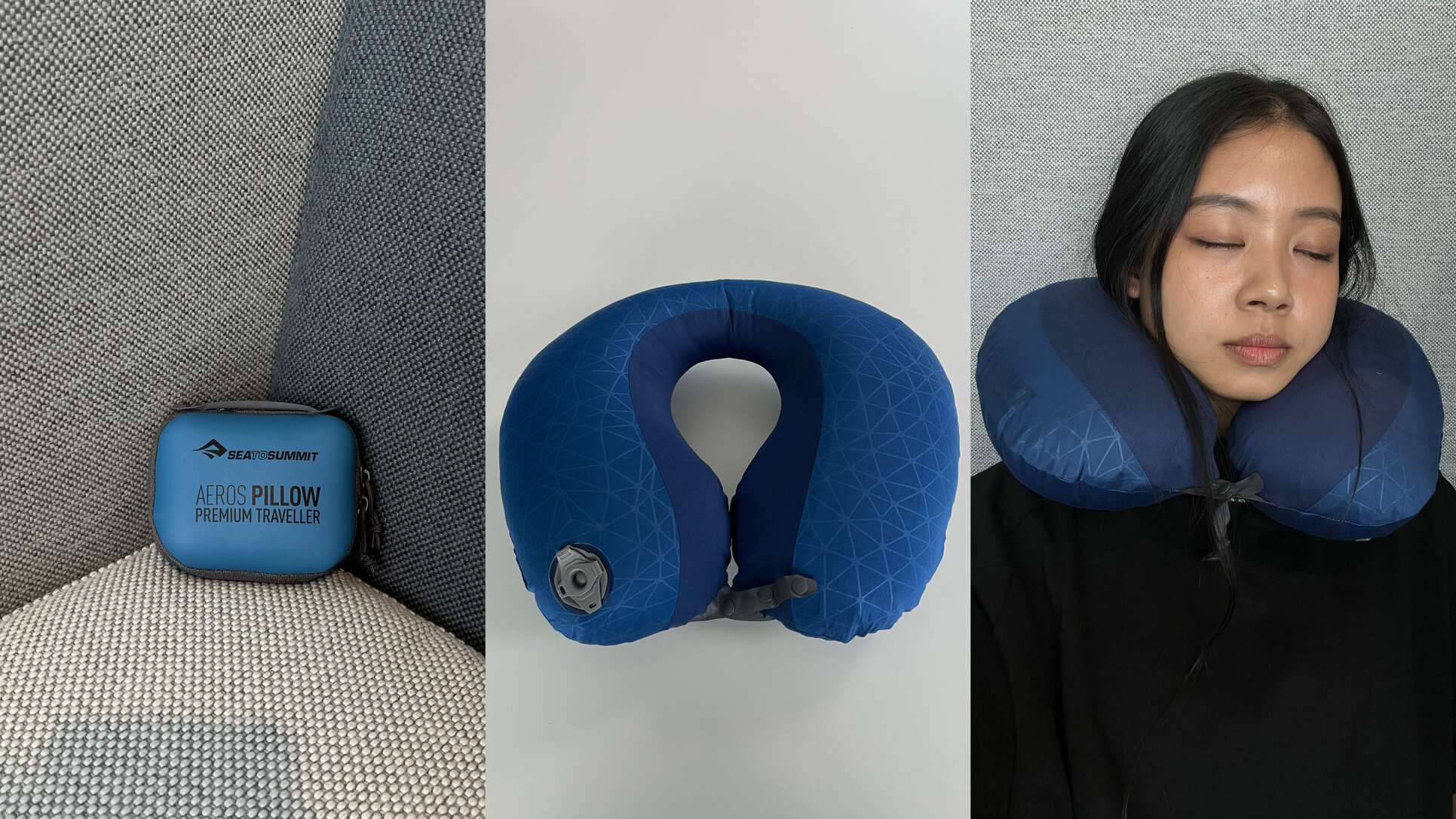 Collage: Sea to Summit inflatable pillow deflated and packed in pouch; Aeros pillow inflated; User testing Sea to Summit inflatable pillow