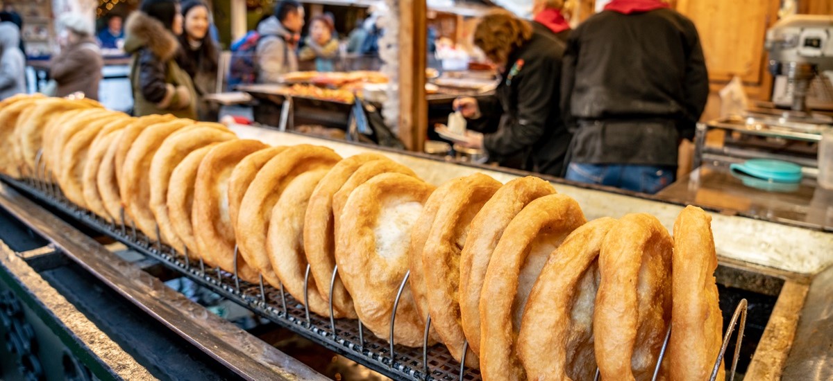 Stall selling langos in Budapest during Christmas market