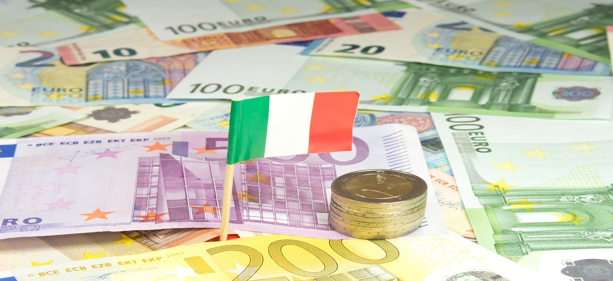 Italian flag in the middle of Euro bank notes and coins