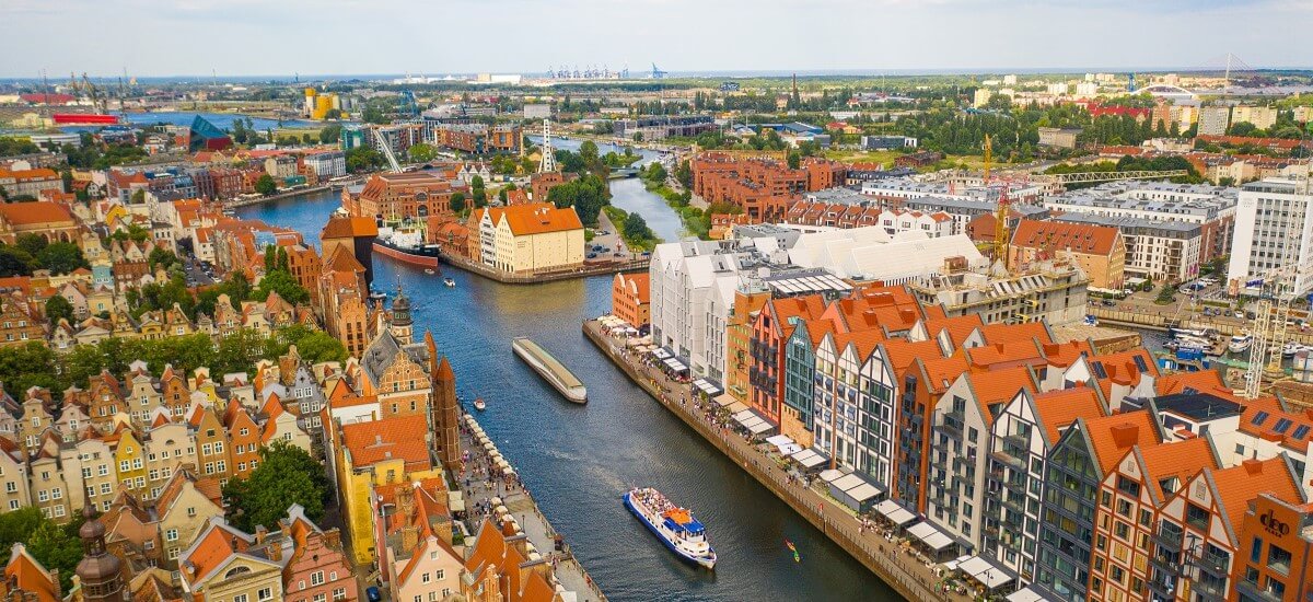 Aerial panoramic view of the old town in Gdansk, Poland