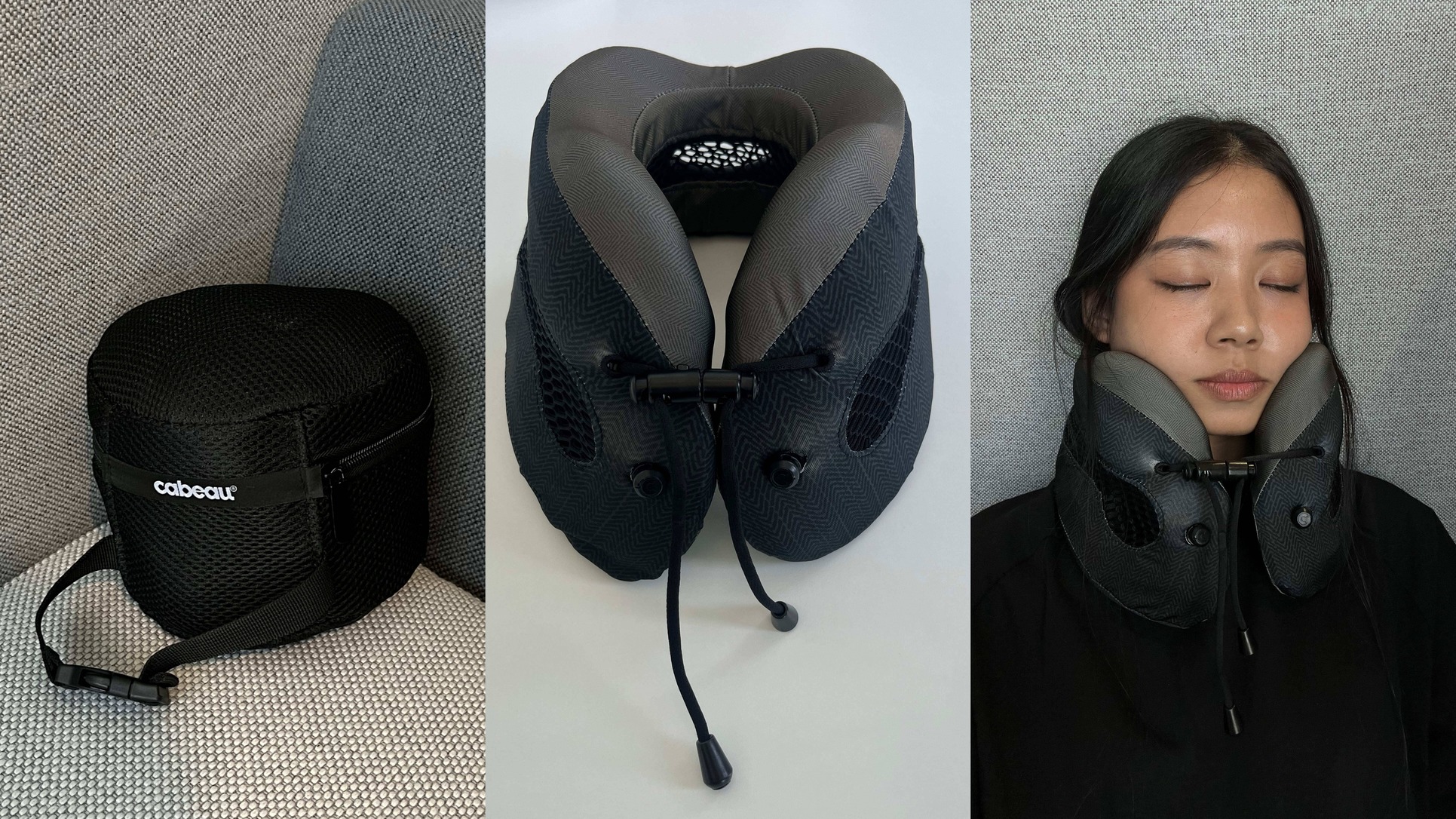 Collage: Cabeau memory foam pillow compressed in travel pouch; Evolution Cool pillow's raised side supports; User wearing Cabeau