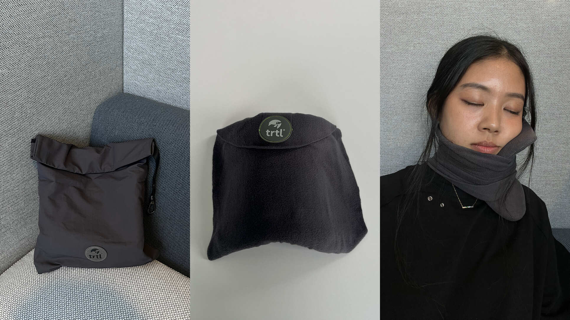 Collage: Trtl scarf pillow rolled up; Trtl pillow structure displayed; User sleeping with Trtl travel pillow wrapped around neck