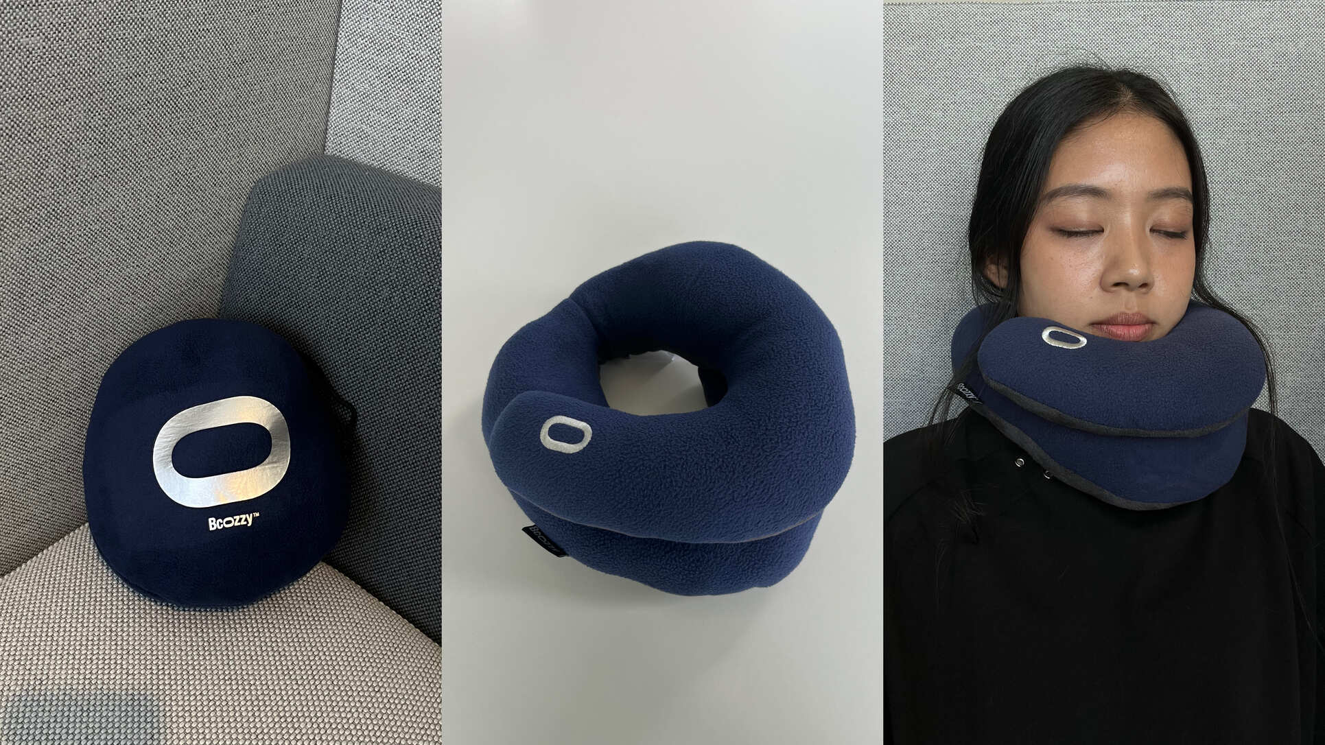 Collage: Bcozzy pillow rolled into a pouch; Bcozzy pillow displaying double-support chin wrap; User wearing Bcozzy