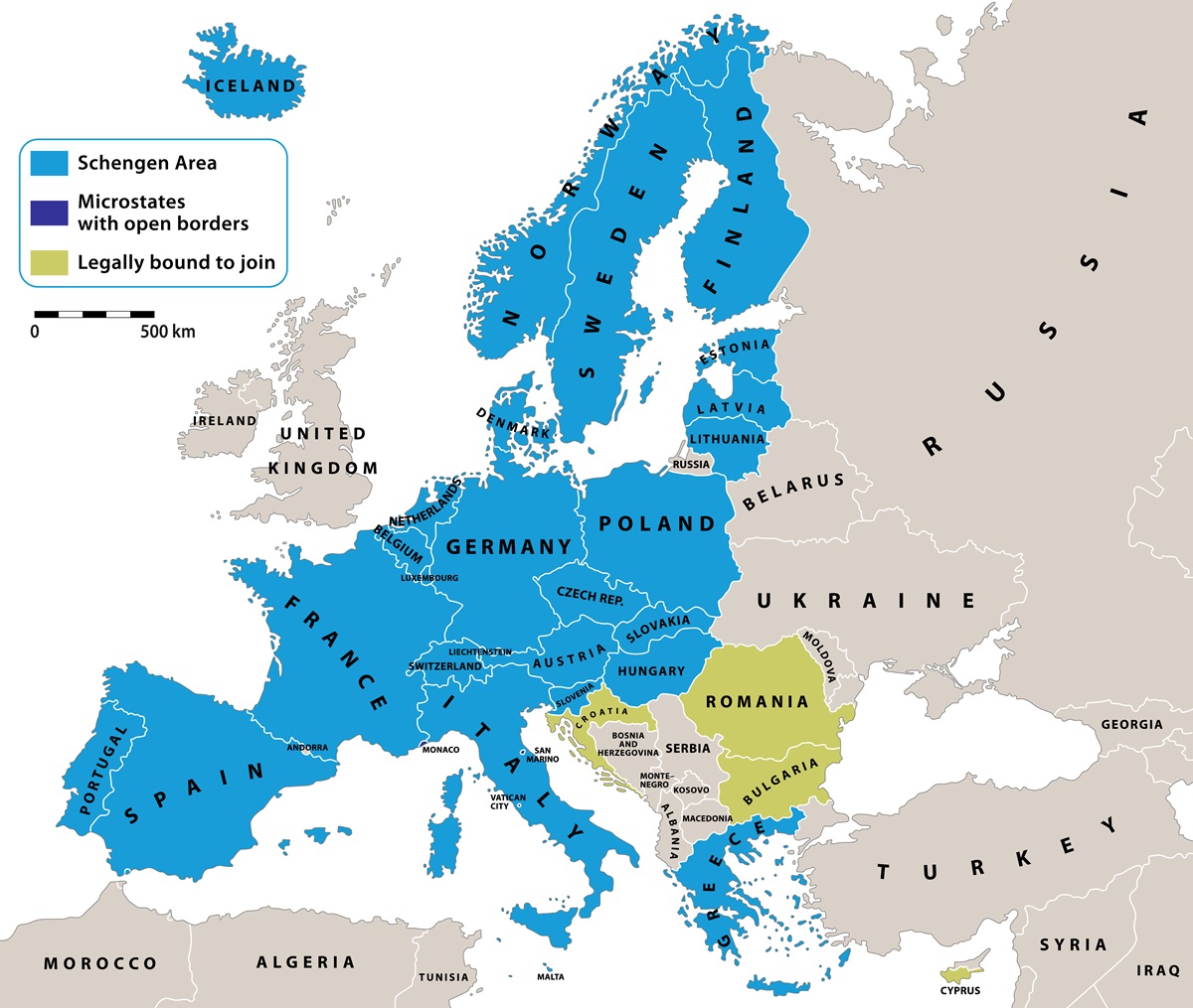 vector image showing a map with the Schengen area shaded in