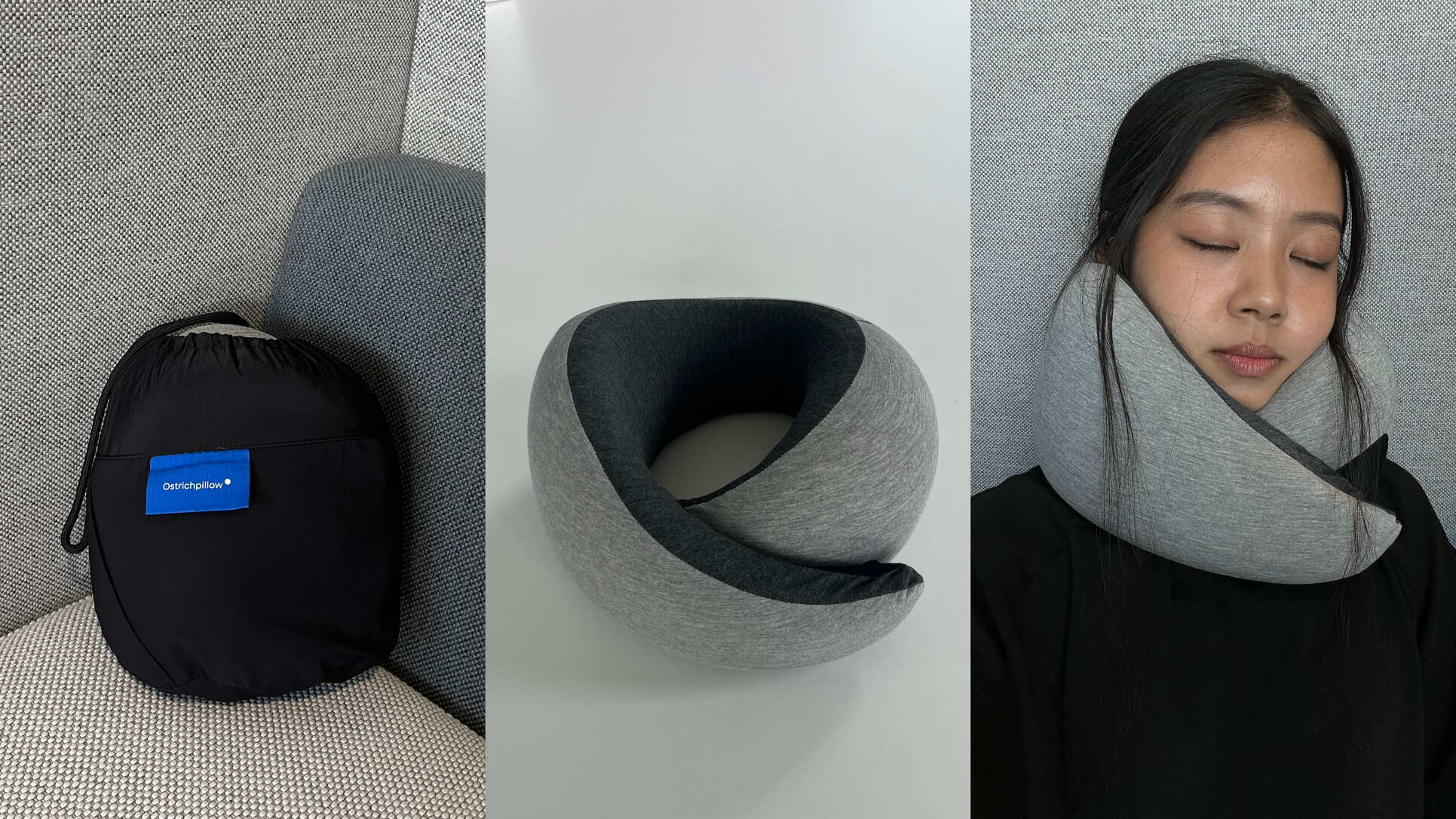 Collage: Ostrichpillow Go compressed in its travel bag; Ostrichpillow Go memory foam showing asymmetrical shape; User demonstrating adjustable snug fit of the Ostrichpillow