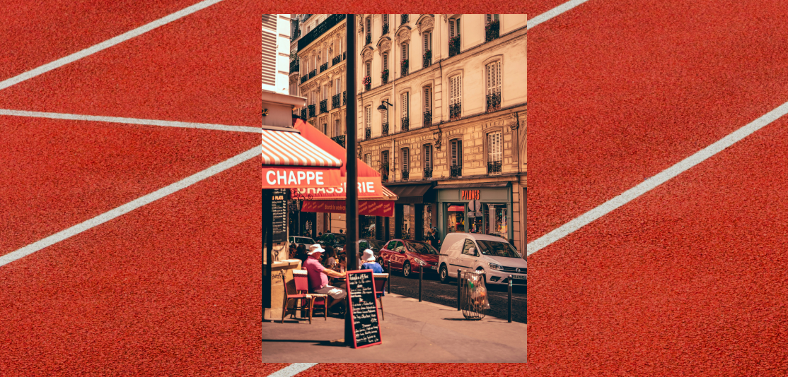 A corner restaurant in Paris and a red athletics track.