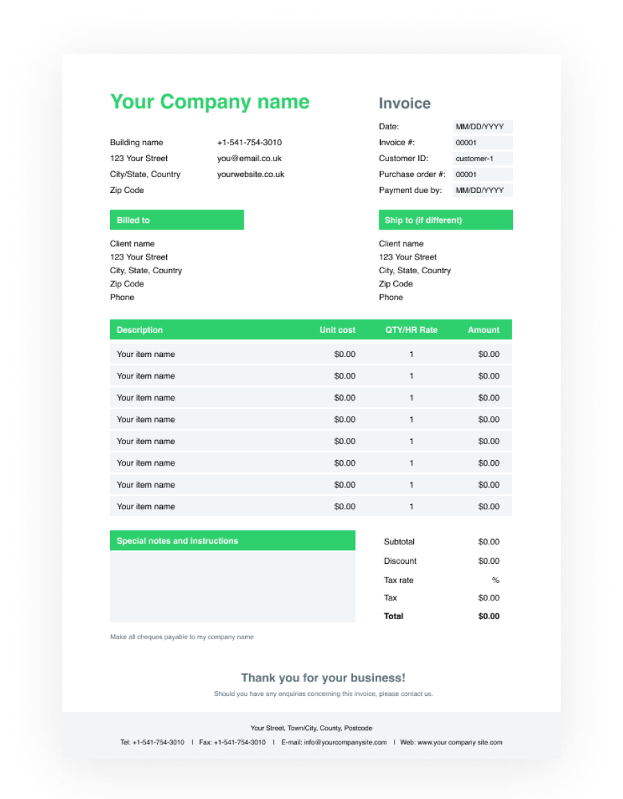 Blank invoice format in Google Sheets
