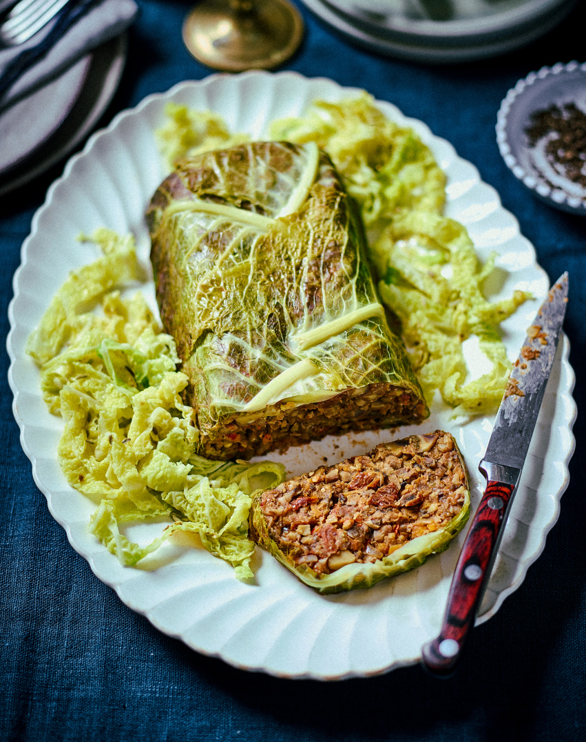 Savoy cabbage, mushroom and lentil loaf