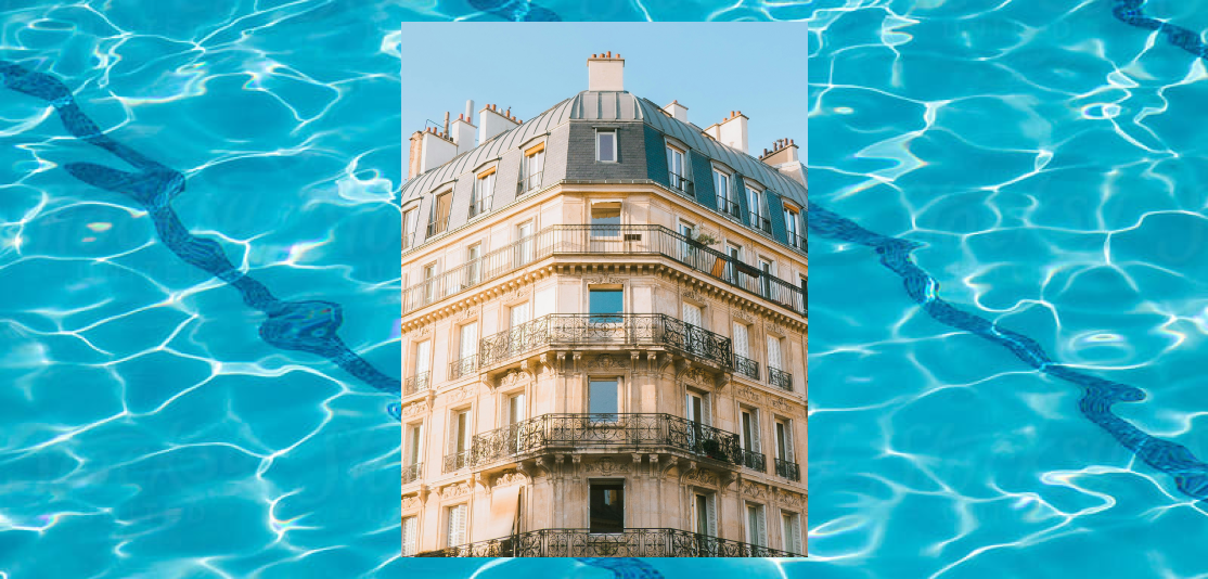 Beige building in Paris and a swimming pool.