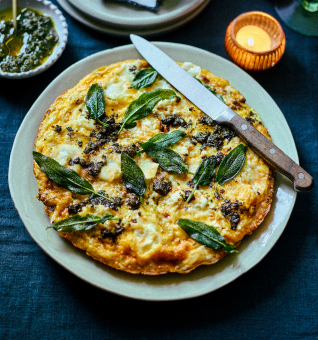 Frittata topped with crispy sage and zhoug