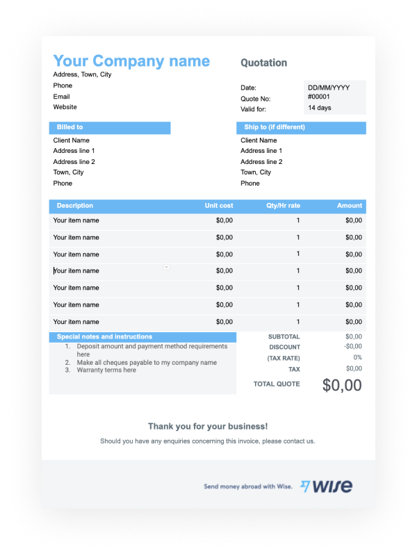 microsoft excel quote template