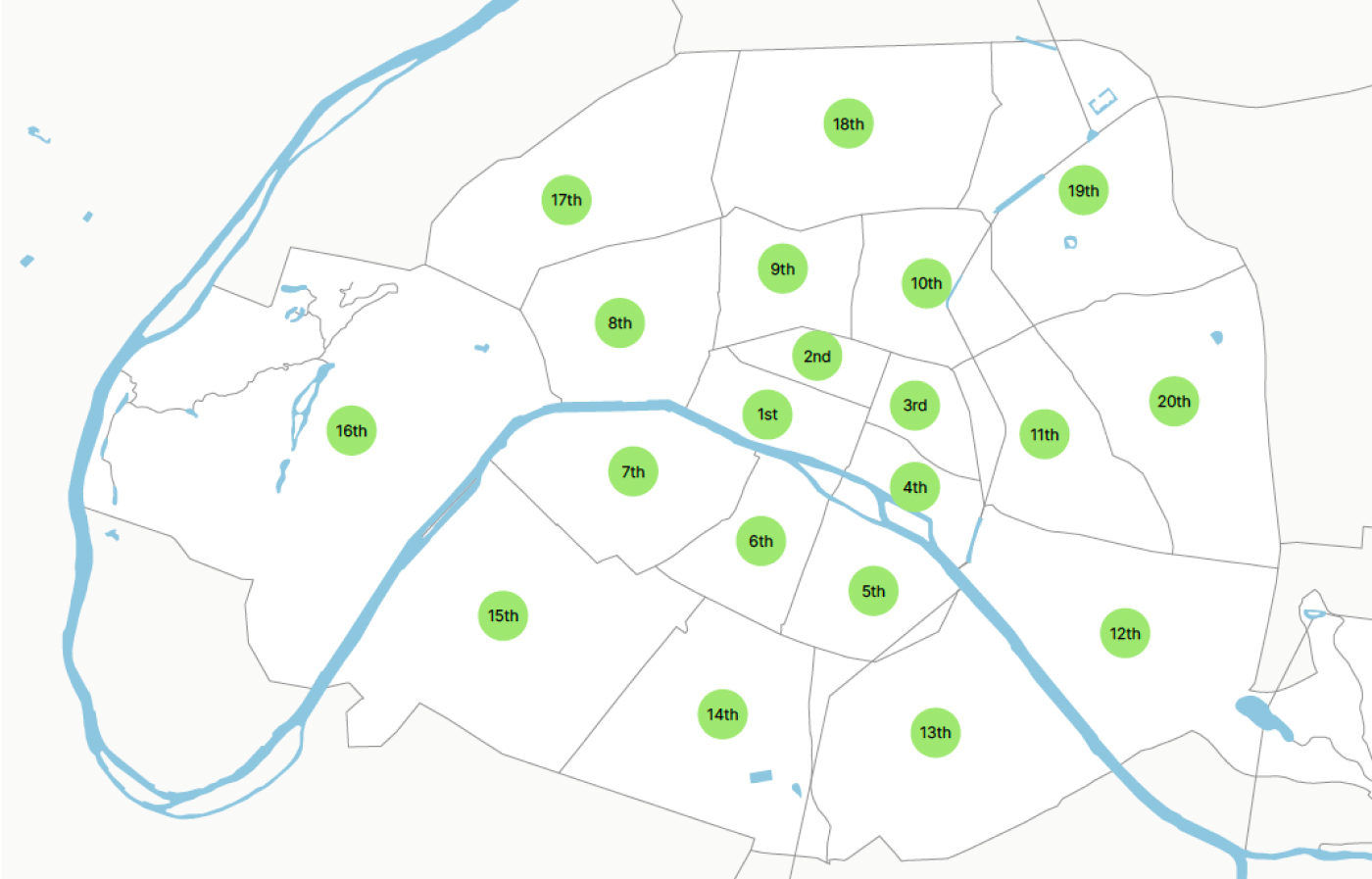 A map of the arrondissements in Paris.