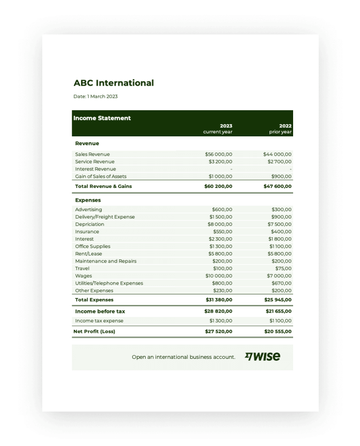 income statement example  Income statement, Statement template, Small  business accounting