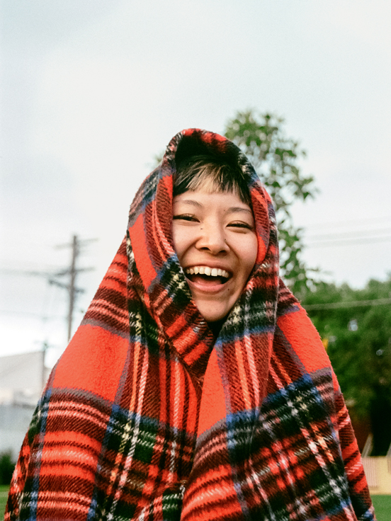 A woman laughing 