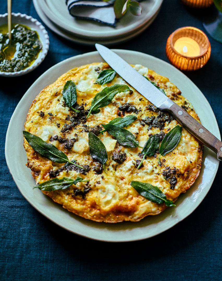 Frittata topped with crispy sage and zhoug