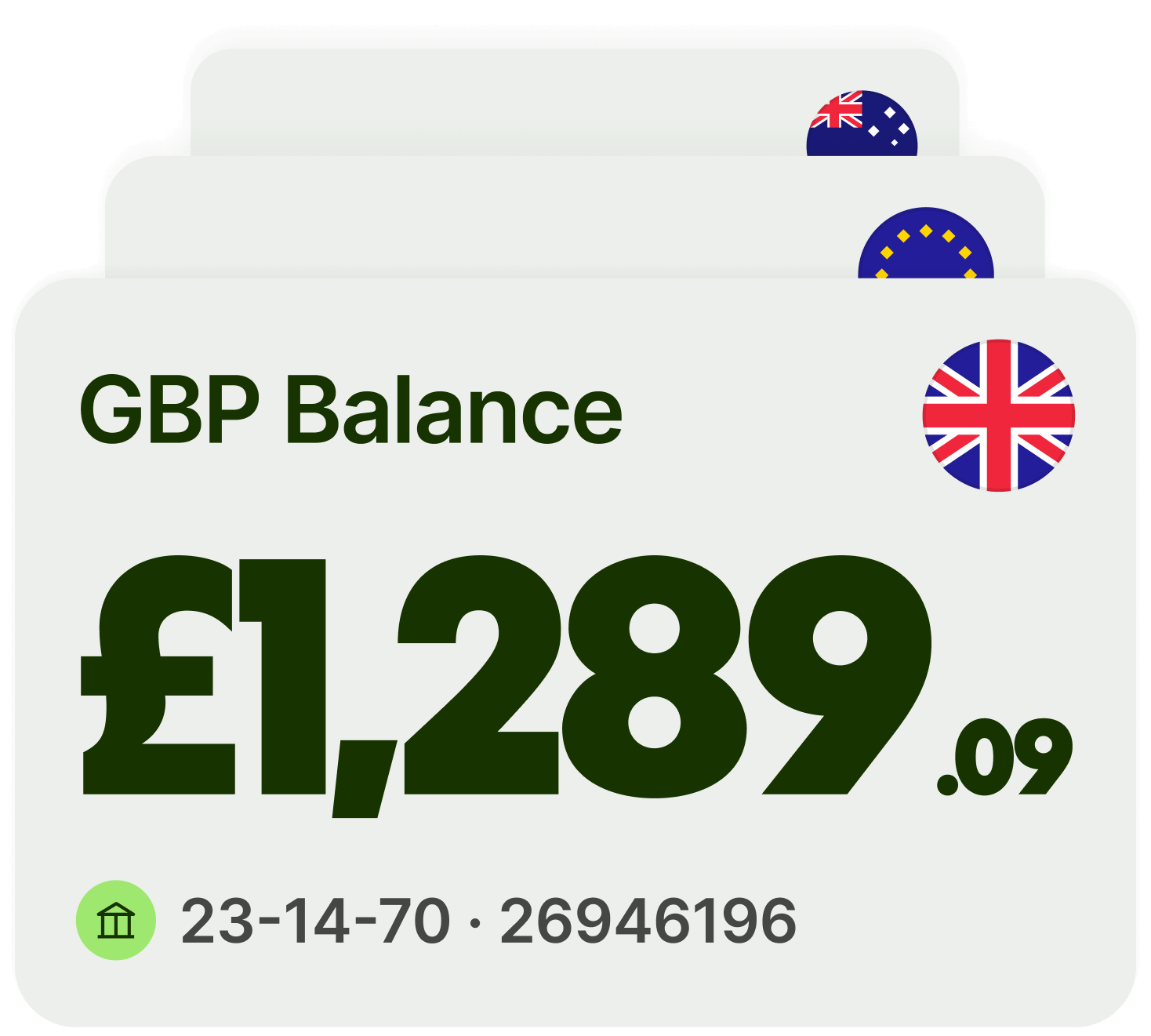 Notification showing GBP Balance, with the total value £1,289, and GBP account details.