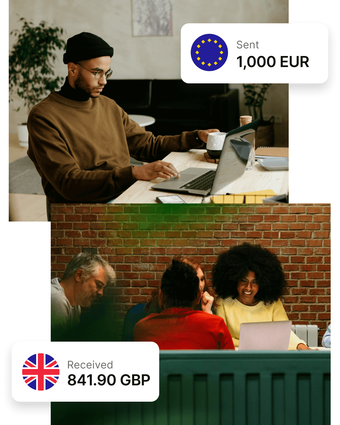 A man sits at his laptop. A notification is overlaid, he has sent 1,000 euros. A woman sits with friends at her laptop. She has received 851.90 pounds.  