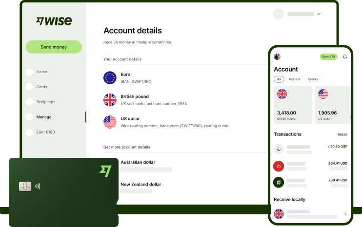 Image of Wise on a dekstop, mobile and the Wise card