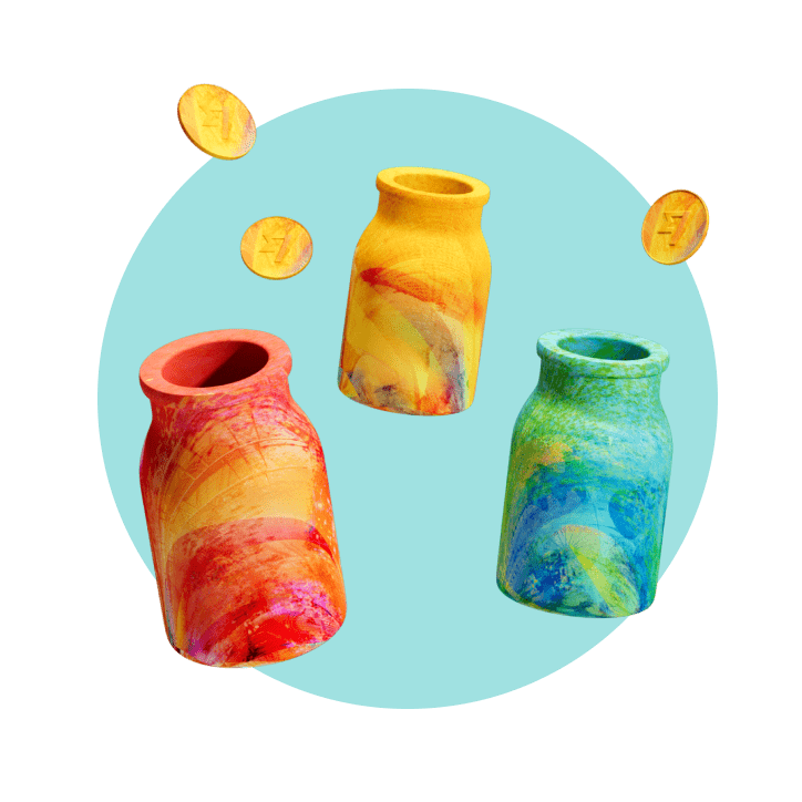 A 3D illustration with coins coming out of jars