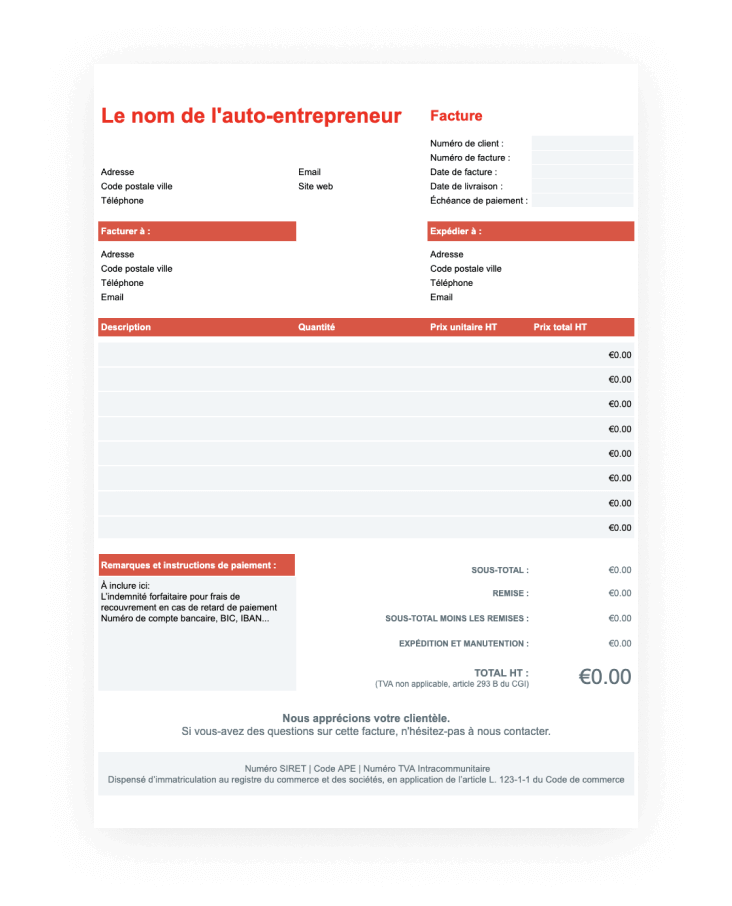 Modèle de facture auto-entrepreneur sans TVA A4 (en français)