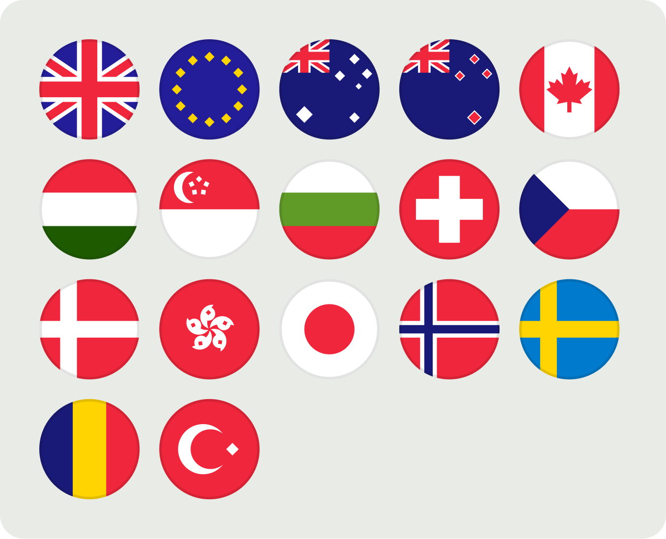 Round representations of the flags of: UK, Europe, Australia, New Zealand, Canada, Hungary, Singapore, Switzerland, Czechia, Denmark, Hong Kong, Japan, Norway, Sweden, Romania, Turkey