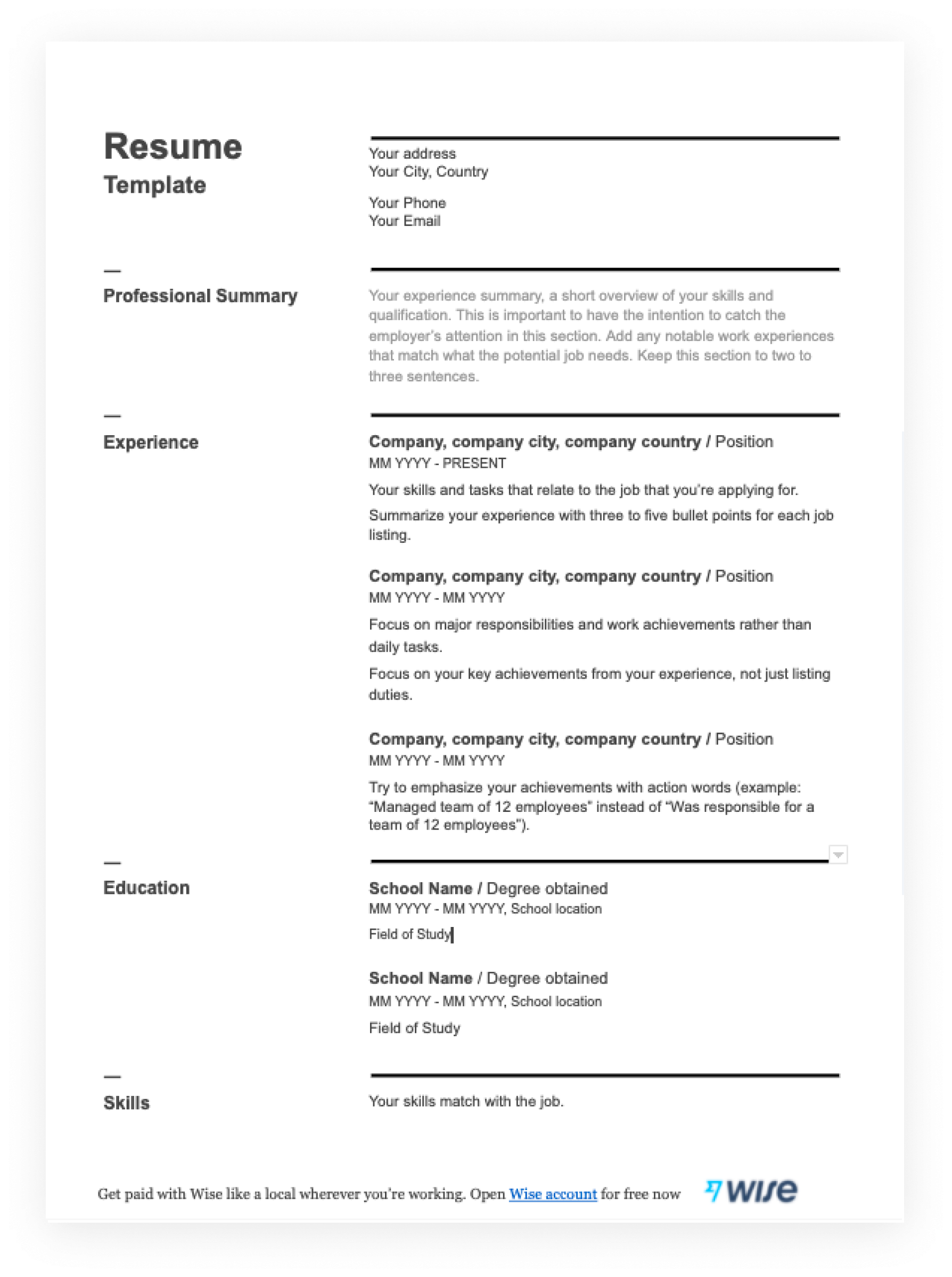 Resume Templates In Pdf - Free For Download - Wise