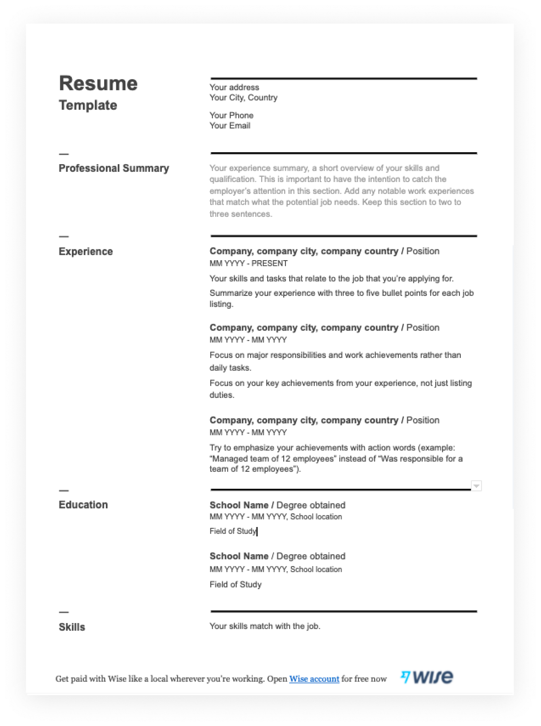 biodata format for job application free download