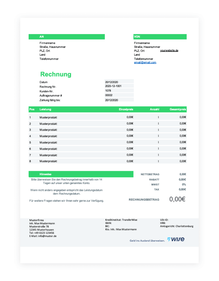 Rechnungsvorlage Excel Kostenlos Download Wise