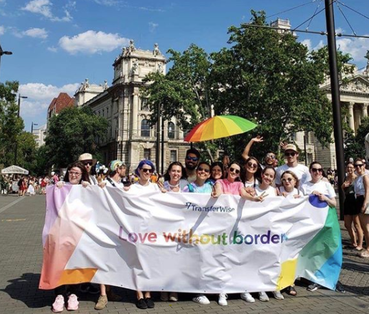 Marching at Budapest Pride in 2019.