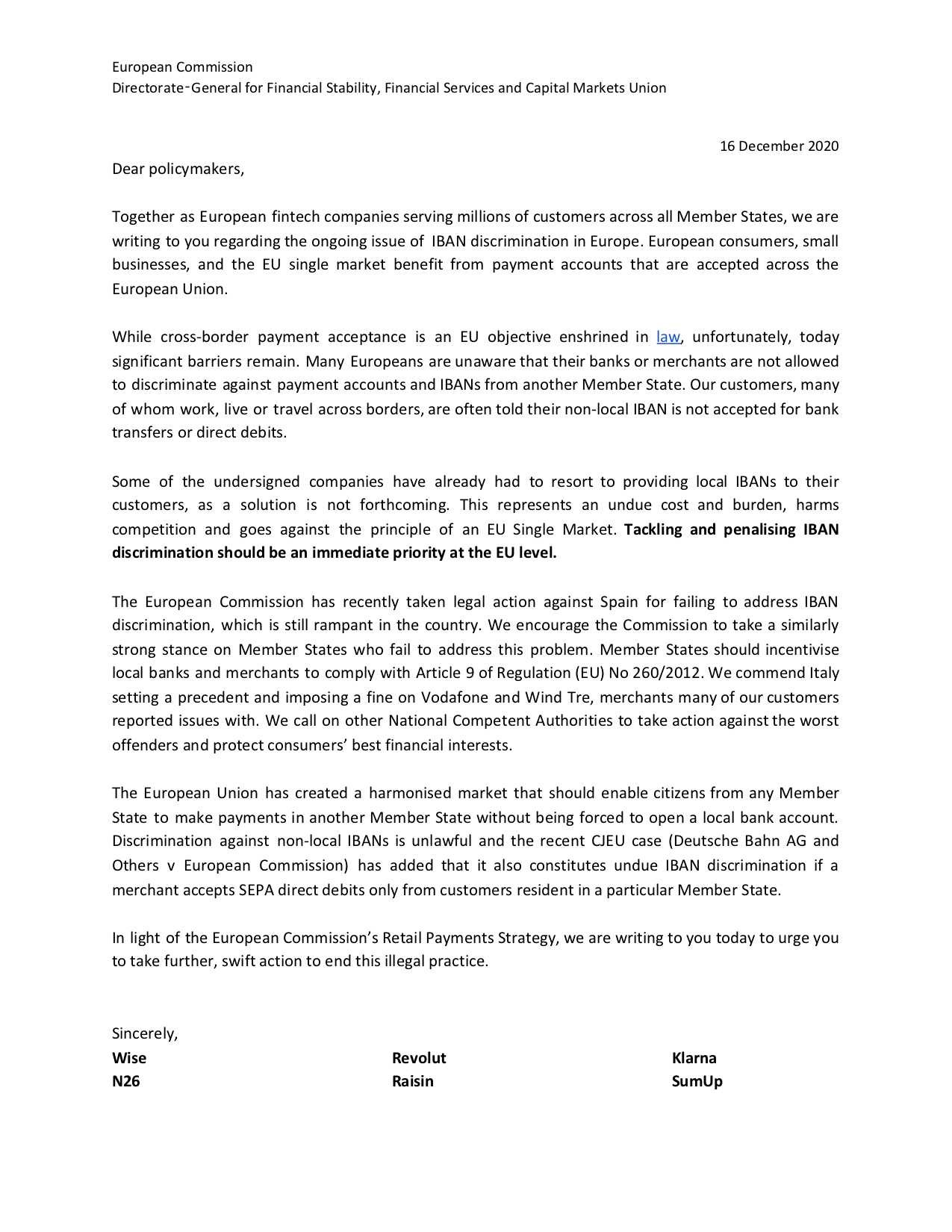 Letter to the European Commission