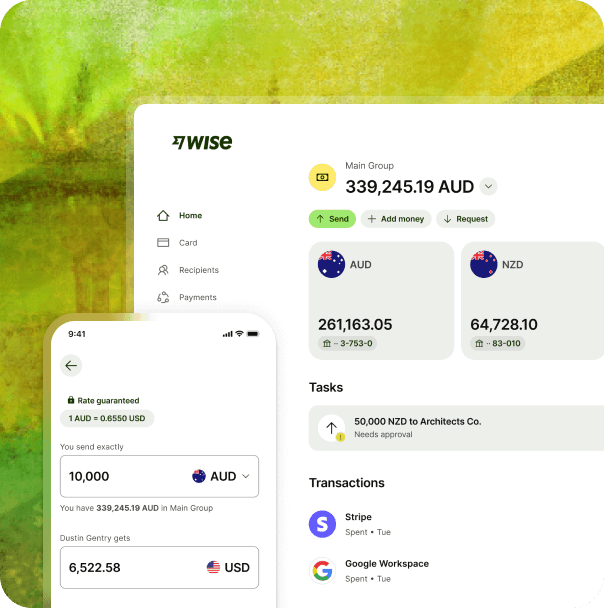 A phone and desktop show a Wise Business account with 339,245.19 AUD total value. The money is held in AUD and NZD. A transfer of 50,000 NZD needs approval. Recent transactions listed are for Stripe and Google Workspace.