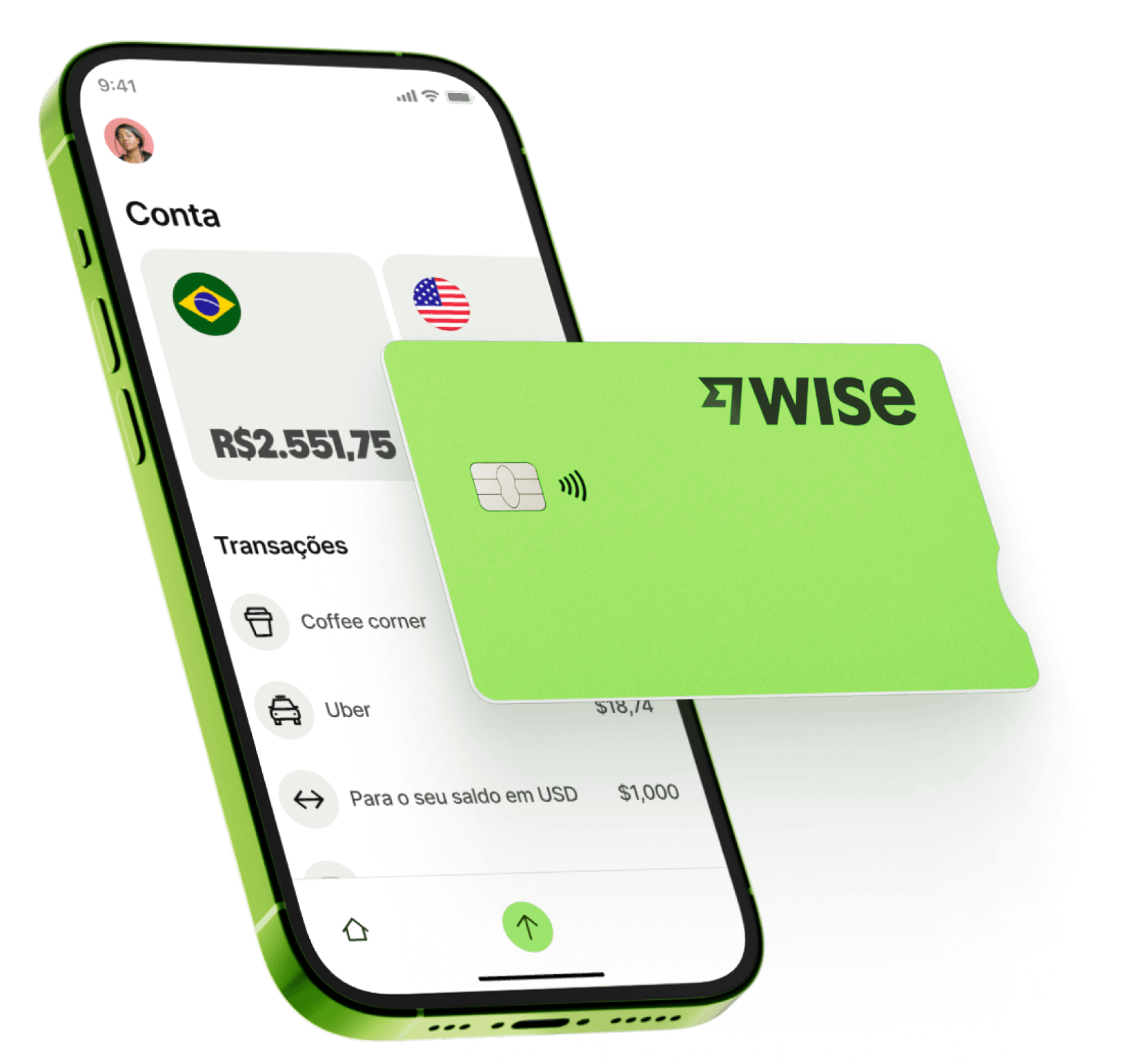 Aplicativo da Wise em um celular junto com o cartão da Wise