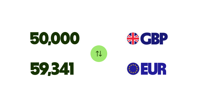 Notification showing transfer of 50,000 GBP to 59,341 EUR.